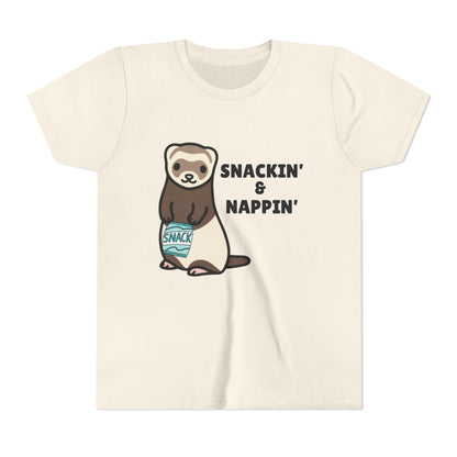 Snackin' & Nappin' Ferret Youth Tee, Fun Tee for Kids, Cute Ferret Design, Animal Lover Gift, Playful Short Sleeve Top