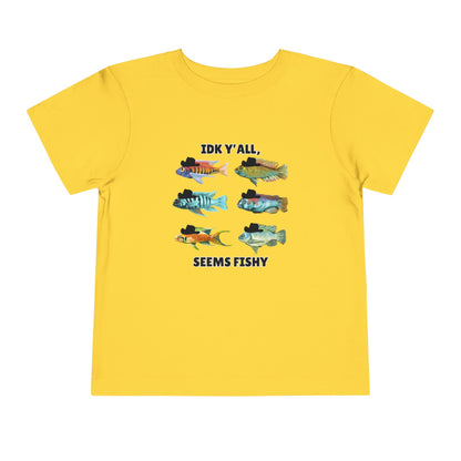 Toddler Sizes: IDK Y'all, Seems Fishy, Fish & Fishing Cowboy Hat Shirt, Short Sleeve Tee - 'IDK Y'all, Seems Fishy' Fun T-Shirt, Cute Kids Apparel, Summer Essentials