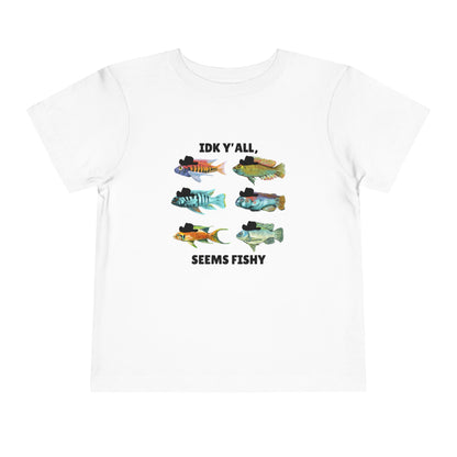 Toddler Sizes: IDK Y'all, Seems Fishy, Fish & Fishing Cowboy Hat Shirt, Short Sleeve Tee - 'IDK Y'all, Seems Fishy' Fun T-Shirt, Cute Kids Apparel, Summer Essentials