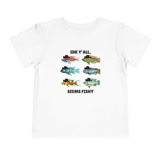 Toddler Sizes: IDK Y'all, Seems Fishy, Fish & Fishing Cowboy Hat Shirt, Short Sleeve Tee - 'IDK Y'all, Seems Fishy' Fun T-Shirt, Cute Kids Apparel, Summer Essentials