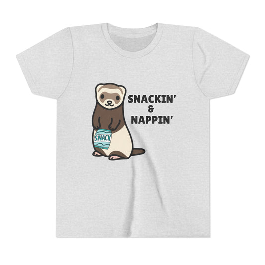Snackin' & Nappin' Ferret Youth Tee, Fun Tee for Kids, Cute Ferret Design, Animal Lover Gift, Playful Short Sleeve Top