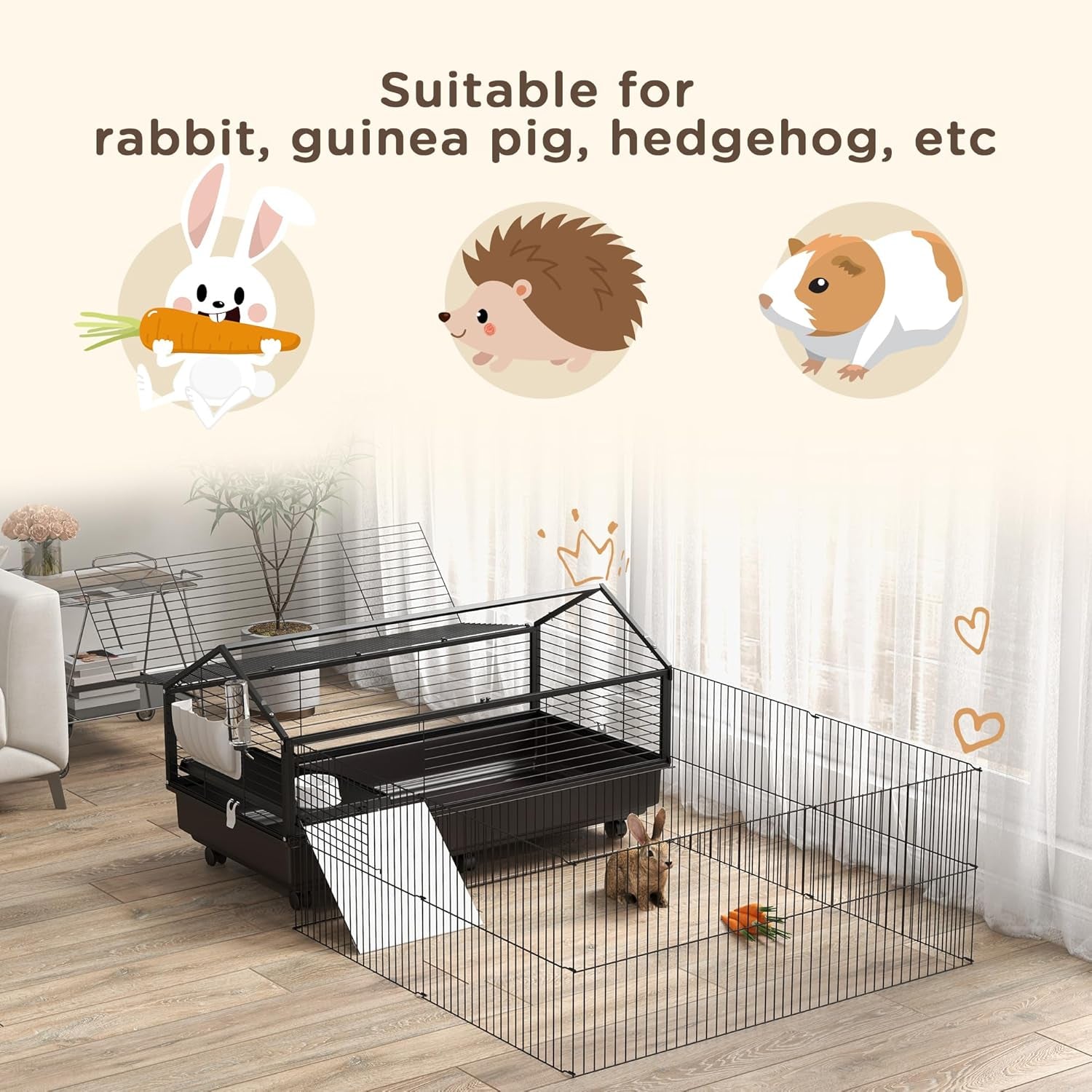 Small Animal Cage with Foldable Run Area, Rolling Bunny Cage, Guinea Pig Cage, Hedgehog Cage with Water Bottle, Water Bowl, and Ramps, 46.5"
