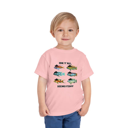 Toddler Sizes: IDK Y'all, Seems Fishy, Fish & Fishing Cowboy Hat Shirt, Short Sleeve Tee - 'IDK Y'all, Seems Fishy' Fun T-Shirt, Cute Kids Apparel, Summer Essentials