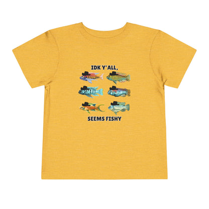 Toddler Sizes: IDK Y'all, Seems Fishy, Fish & Fishing Cowboy Hat Shirt, Short Sleeve Tee - 'IDK Y'all, Seems Fishy' Fun T-Shirt, Cute Kids Apparel, Summer Essentials