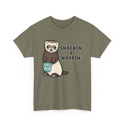 Adult Sizes: Snackin' & Nappin' Ferret Unisex Heavy Cotton Tee, Funny Animal Shirt, Quirky Graphic T-Shirt, Gifts for Snack and Nap Lovers, Cute Ferret Tee