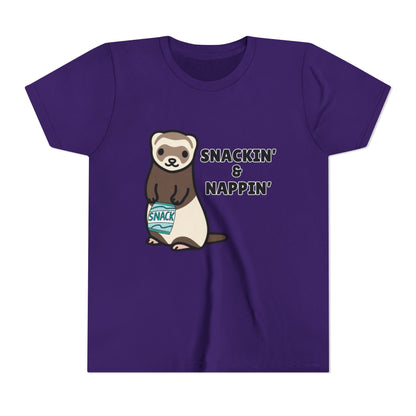 Snackin' & Nappin' Ferret Youth Tee, Fun Tee for Kids, Cute Ferret Design, Animal Lover Gift, Playful Short Sleeve Top