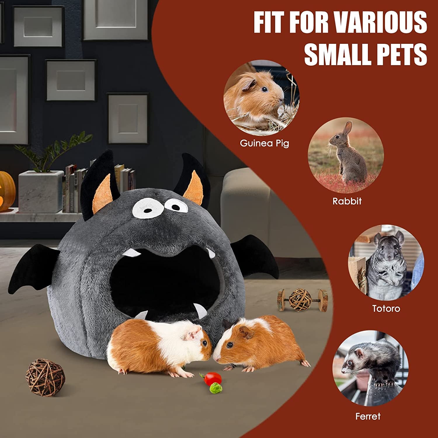 Guinea Pig Bed, Guinea Pig Hideout, Rabbit Bed, Bunny Hideout, Guinea Pig Cage Accessories for Guinea Pig, Small Bunny, Hamster, Chinchilla, Small Rabbit and Other Small Pets - Bat Shape
