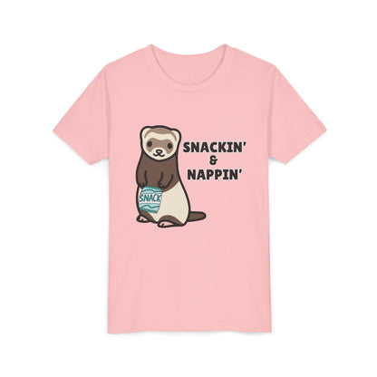 Snackin' & Nappin' Ferret Youth Tee, Fun Tee for Kids, Cute Ferret Design, Animal Lover Gift, Playful Short Sleeve Top