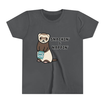 Snackin' & Nappin' Ferret Youth Tee, Fun Tee for Kids, Cute Ferret Design, Animal Lover Gift, Playful Short Sleeve Top
