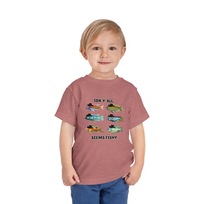 Toddler Sizes: IDK Y'all, Seems Fishy, Fish & Fishing Cowboy Hat Shirt, Short Sleeve Tee - 'IDK Y'all, Seems Fishy' Fun T-Shirt, Cute Kids Apparel, Summer Essentials