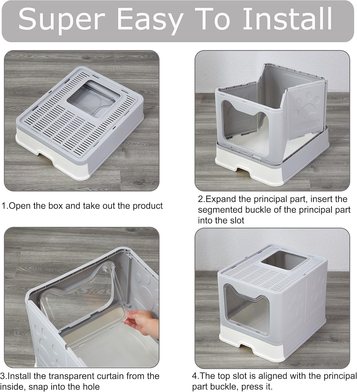 Foldable Large Top Entry Cat Litter Box with Lid, Anti-Splashing Enclosed Plastic Kitty Pan with Drawer Type Easy Clean and Scoop (Grey)