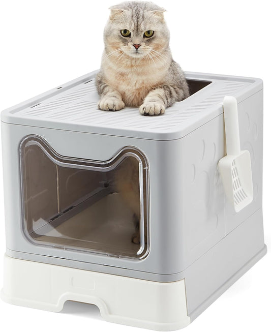 Foldable Large Top Entry Cat Litter Box with Lid, Anti-Splashing Enclosed Plastic Kitty Pan with Drawer Type Easy Clean and Scoop (Grey)