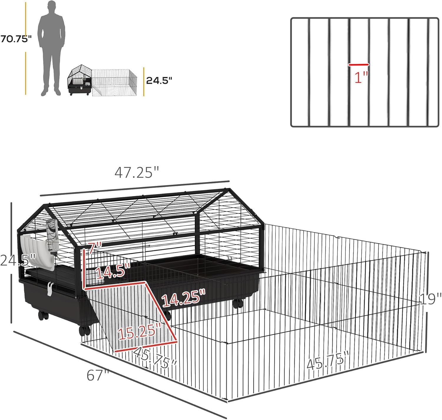 Small Animal Cage with Foldable Run Area, Rolling Bunny Cage, Guinea Pig Cage, Hedgehog Cage with Water Bottle, Water Bowl, and Ramps, 46.5"