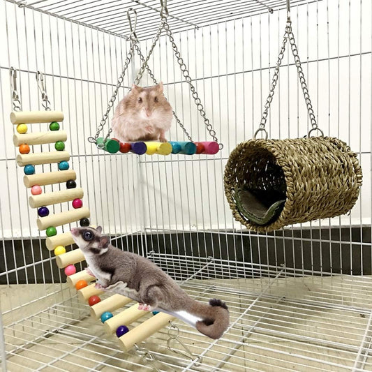 Pet Hammock Hamster Hanging Toy, 3 Piece Set House Hanging Bed Cage Toys for Small Animal Sugar Glider Squirrel Chinchilla Hamster Rat Playing Sleeping